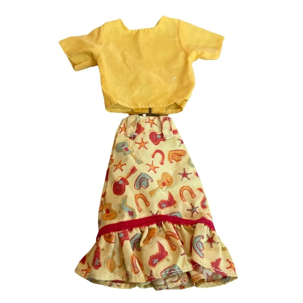 Vintage Barbie Outfit Western Skirt &‎ Top Yellow Guitar Boots Hat Badge